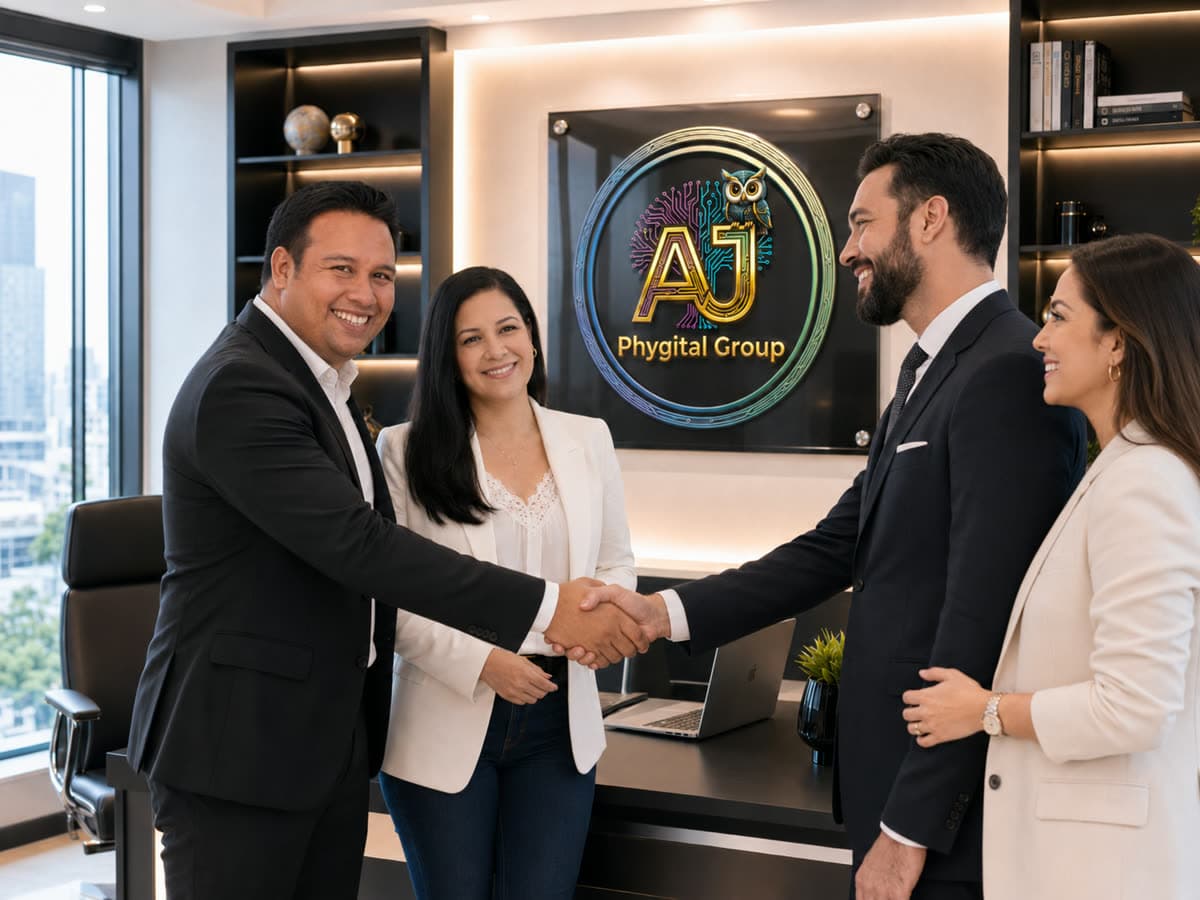 Equipo AJ Phygital Group — apretón de manos con clientes